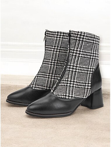  schwarz-weiß karierte Damen-Stiefeletten mit Blockabsatz – Retro-Hahnentrittmuster, seitlicher Reißverschluss, perfekt für lässige Herbst- und Winter-Outfits