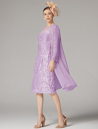  Zwei Stücke Säulen-Kleid Hochzeitsanzug Mutter der Braut Kleid Elegant Juwelenhals Knie Länge Chiffon Spitze 3/4 Ärmel Wickeljacke mit Perlenapplikationen Derby Kleid Renntag Kleid 2025