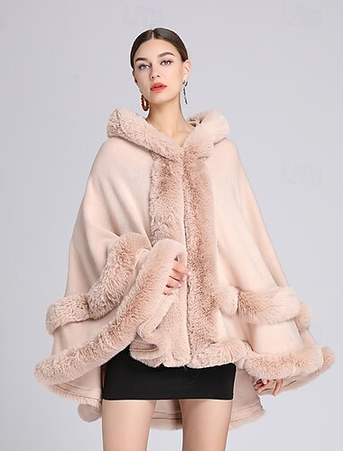  Damen Poncho mit Kapuze, Umhang aus Kunstpelz, Schal mit Pelzbesatz, ärmellose Strickjacke, eleganter Umhang, modisches Oberteil, Mantel