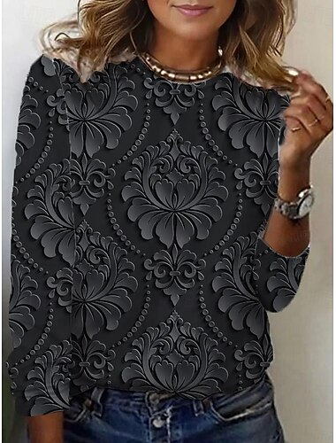  Damen T Shirt Vintage Mode Modern Lässig Langarm Rundhalsausschnitt Normale Oberteile Täglich Wochenende Druck Schwarz Blau Braun Grün Herbst Winter