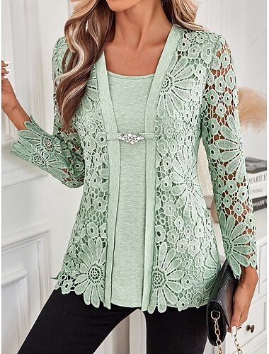  Dames Tuniek Elegant Lange mouw Vierkante hals Normale tops Vakantie Valentijnsdag Dagelijks Kant Knop Vetergat Lichtgroen Lente Herfst