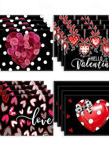  Juego de 4 manteles individuales para el día de San Valentín, manteles individuales románticos y decorativos con patrones de corazones o rosas, duraderos y resistentes al calor, perfectos para agregar