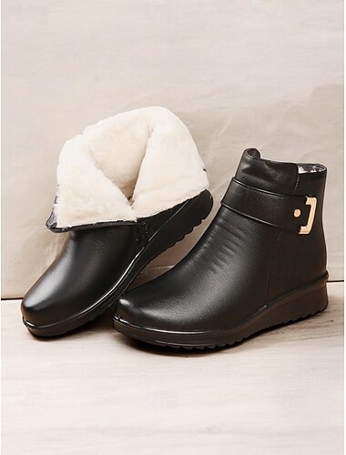  Botines de piel sintética para mujer con forro de pelo sintético: calzado de invierno cálido y antideslizante con detalle de hebilla