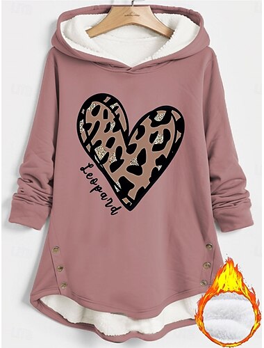  Valentinstag Damen Herz Hoodie Sweatshirt Lässig Sherpa Herz Leopard Straße Tägliche Trage Kapuze Knöpfe Tasche Druck Langarm Dunkel Pink Rot Blau Herbst Winter