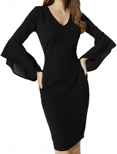  Mujer vestido de trabajo Vestido de cambio Elegante Oficina Diario Vestido Midi Volante Retazos Escote en Pico Manga 3/4 Plano Delgado Negro Rojo Azul Piscina Primavera Otoño S M L XL 2XL