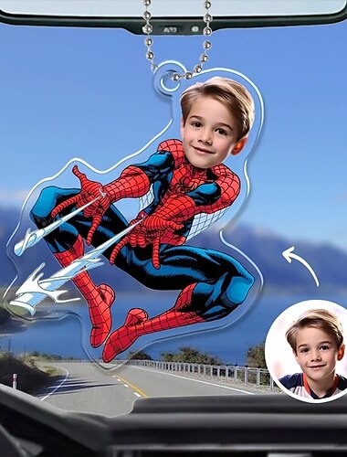  Gepersonaliseerde foto hangende ornamenten aangepaste spiderman superheld kind gezicht acryl 2D kerstboom ornamenten hangend auto pendant cadeaus voor superheld fans