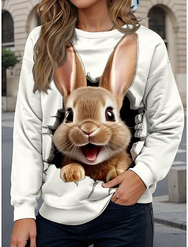  Sudadera de mujer casual de conejo para uso diario, cuello redondo, estampado de manga larga, color blanco, otoño e invierno