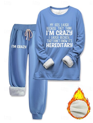  Damen 2-teiliges Tages Sweatshirt Fleece Hosen Langarm Rundhalsausschnitt Letter Drawstring Print Lässig Dunkelrosa Blau Grau Herbst Regulär Fit