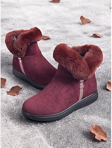  Burgunderfarbene Wildlederstiefeletten für Damen mit Kunstfell-Umschlag und rutschfester Sohle – warme Winterschuhe für die Freizeit und den Outdoor-Einsatz