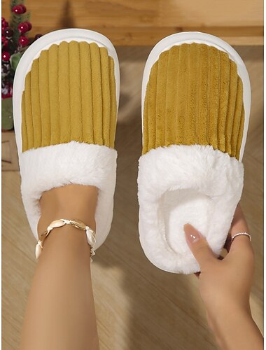  Senfgelbe Hausschuhe für Damen mit Kunstfellfutter, geripptem Design und Anti-Rutsch-Sohle – gemütlich und warm für den Winter