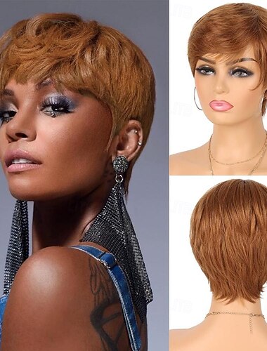  perruque courte sans colle à porter et à emporter, coupe pixie, cheveux humains pour femmes noires, perruques entièrement faites à la machine, perruques ondulées en couches de densité 150 % avec