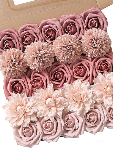  25 Stück/Set Kunstblumen Hochzeitsdekoration Rosensträuße Valentinstagsgeschenk echt aussehende elfenbeinfarbene Schaumrosen mit Stielen für DIY Hochzeitssträuße weiße Braut