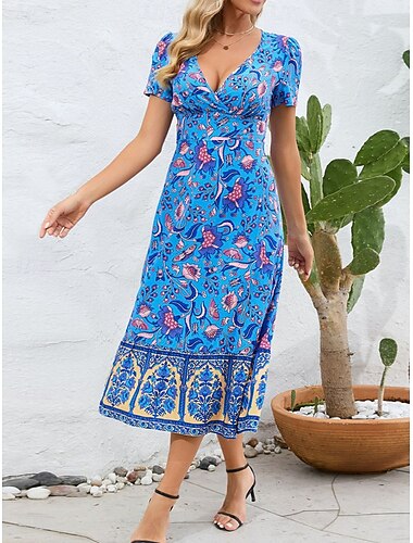  Per donna Vestito longuette Abito casual Vestito svasato Abito linea A Abito boho Boemia Informale Giornaliero Standard Floreale Manica corta A V Rosso Blu Fucsia Estate Primavera