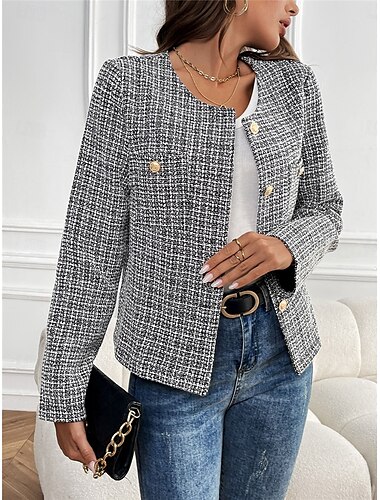  Mulheres Jaqueta casual Manter Quente Respirável Botões Casual Xadrez Férias Rua Roupa Diária Para Noite Não Trespassado Curto Crewneck Normal Manga Longa agasalhos Preto Outono Inverno