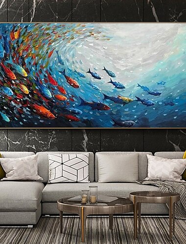  handgemachte abstrakte blaue Meeresfische Leinwand Malerei nordische Kunst Graffiti große Größe moderne Wohnzimmer Wohndekoration Bild kein Rahmen