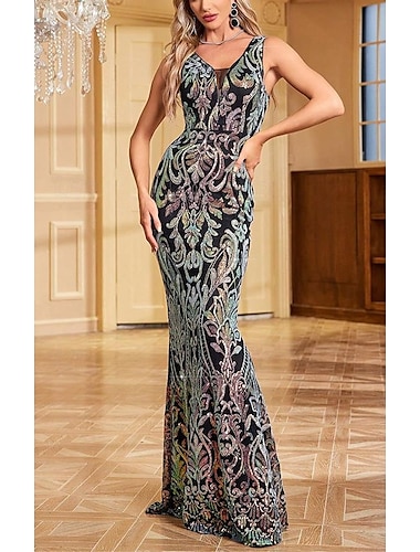  Robe de soirée sirène / trompette, robe de soirée, robe de soirée, longueur au sol, sans manches, col en V, automne, mariage, invité, nylon, dos en V avec broderie pailletée, 2025