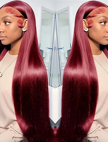  Peluca de cabello humano liso de color marrón rojizo de 32 pulgadas de 13x4 con frente de encaje, peluca frontal de encaje transparente brasileña de color para mujeres