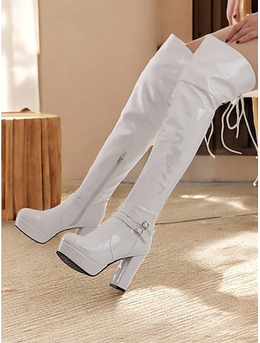  bottes à plateforme hautes en similicuir verni pour femmes - design élégant au-dessus du genou avec talons blocs et détails de boucle, idéales pour les fêtes et les déclarations de mode
