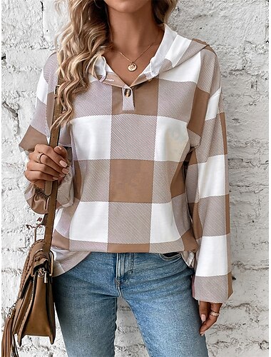  Damen Sweatshirt Casual Plaid Street Dailywear Kapuzenpullover Knöpfe Print Langarm Schwarz Khaki Herbst Winter