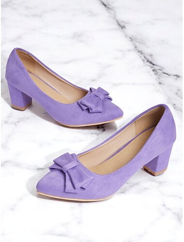  Zapatos de tacón bajo con lazo de ante morado: zapatos de tacón de bloque para mujer elegantes y cómodos para uso diario