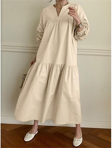  Damen Casual kleid Maxidress Rüschensaum Brautkleider schlicht Gespaltener Hals Langarm Schwarz Weiß Khaki Farbe