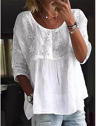  Dames Overhemd Katoenen linnen overhemden Blouse Effen Kleur Basic Casual 3/4 mouw V-hals Normale tops Dagelijks Kant Lapwerk Wit blauw Zomer Lente