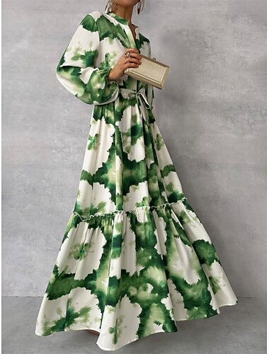  Mulheres Vestido Longo Vestido casual Vestido Swing Vestido A Line Casual Diário Normal Floral Manga Longa Pescoço Dividido Verde Verão Primavera Outono