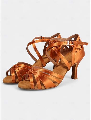  Damen-Sandalen aus Satin für lateinamerikanische Tänze – Riemchendesign mit verstellbarer Schnalle und Wildledersohle für Gesellschaftstanz und Salsa