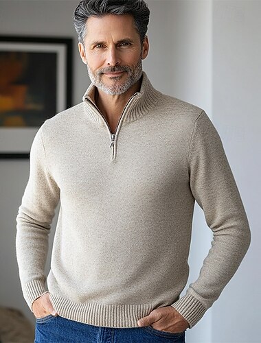  Hombre Pulóveres Vestido Suéter Suéter de punto Estriado Tejer Recortado Cremallera De Punto Color sólido Escote Chino Elegante Básico Exterior Diario Ropa Otoño Invierno Color Camello Negro S M L