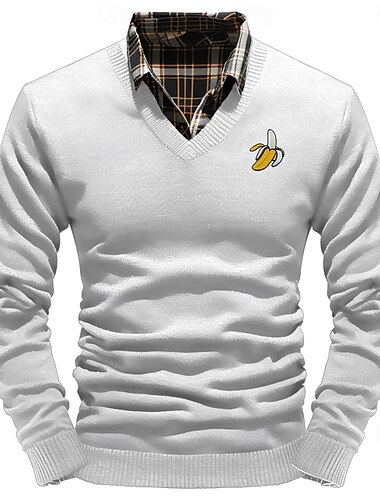 Navidad Hombre Plátano Suéter de punto Escote en Pico Casual Exterior Diario Suéter de Nochevieja Bordado Tejido en Punto Cálido Manga Larga Otoño Invierno Vino Negro Blanco