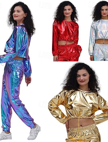  Années 1980 Hip Hop Couleur métalique brillante Crop Top Sweat-shirt Disco Femmes Costume de Carnaval Carnaval Mardi Gras Performance Soirée Défilé de la Fierté Adulte Haut
