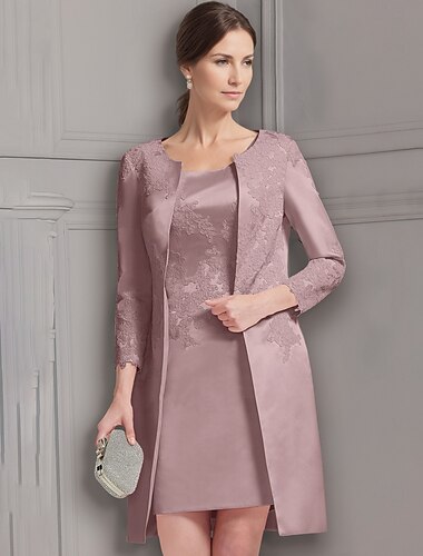  Sheath  Spalte Kleid Anzug Brautmutter Kleid Elegant Vintage Juwel Ausschnitt Knie Länge Satin Spitze 3/4 Länge Ärmel Jackett Kleider mit Applikationen Derby Kleid Renntag Kleid 2025