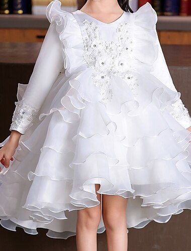  kinderkleidung Mädchen Party Kleid Blume Langarm Hochzeit Besondere Anlässe Patchwork Zip bezaubernd Süß Baumwolle Polyester Asymmetrisch abendkleider Sommer Frühling Herbst 4-13 Jahre Weiß Rosa Rote