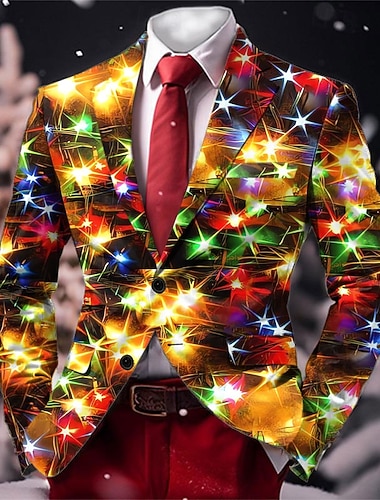  Новогодняя тематика Муж. Блестящий Пальто Пиджак Дышащий Удобный Деловые Вечерние наряды На каждый день Пуговицы 3D печать Мульти карман Наступила зима Отложной Длинный рукав Цвет радуги