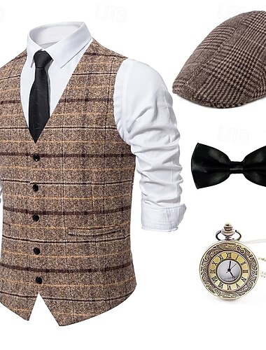  Retro / vintage Möly 20s 1920-luku Asut Liivit Tarvikesarja Herrasmies Gangsteri Skottiruutukuvio Ruudullinen Miesten Karnevaali puku 4 kpl Halloween Karnevaali Uusi vuosi Naamiaiset Cocktailjuhla