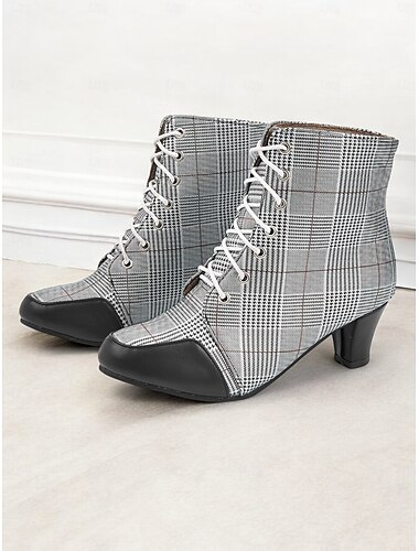  karierte Damen-Stiefeletten zum Schnüren mit schwarzer Zehenkappe und Kitten Heels – Retro-Vintage-Stil für formelle und legere Kleidung
