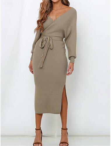  Damen Pullover Pullover Kleid Brautkleider schlicht Weich Einfarbig Gerippt V Ausschnitt mit Schnürung Gespleisst Strick Langarm Lange Oberteile Stricken Outdoor Täglich Wochenende Rosa Khaki Herbst