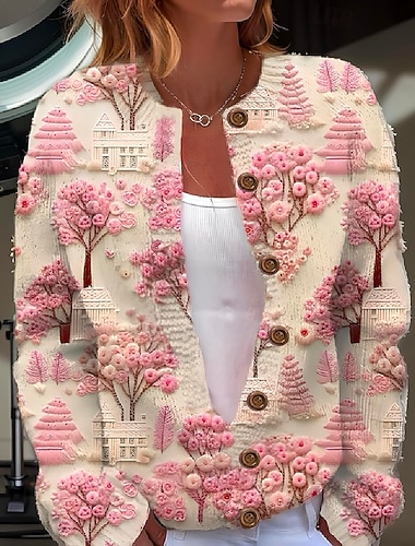  Damen Strickjacke Pullover Mit Wabenstruktur Knopfleiste Rundhalsausschnitt Langarm Leicht Damen Alltag Grafisch Tiermotivan Rundhalsprint Reguläre Tops Strick Wochenende Pink Herbst Winter