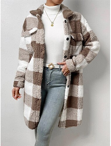  Damen Fleecejacke Teddy-Mantel warm halten Atmungsaktiv Tasche Innenfutter aus Fleece Brautkleider schlicht Plaid Urlaub Strasse Freizeitskleidung Ausgehen Einreihiger Verschluss Lang Umlegekragen
