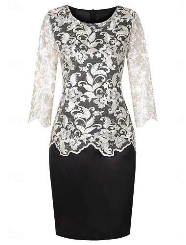  Damen schwarzes kleid Midikleid Spitze Patchwork Party Brautkleider schlicht Rundhalsausschnitt 3/4 Ärmel Gold Grau Farbe