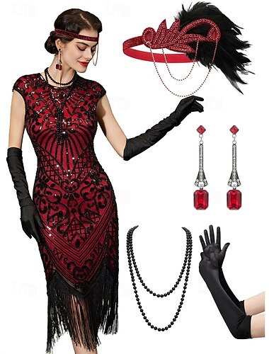  1920er Cocktailkleid Vintage-Kleid Midlänge Flapper Kleid Outfits Cocktailkleid Der große Gatsby Flapper-Mädchen Hochzeitsgast Pailletten Feder Fransen Damen Karnevalskostüm 7 STK Weihnachten