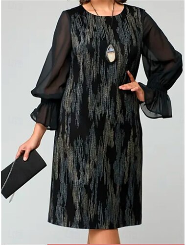  Dames Halflange jurk Zwarte jurk Effen Kleur Modieus Volwassen Feest Dagelijks Afspraakje Ruimvallend Lange mouw Strakke ronde hals Jurk Normale pasvorm Zwart Wit Bruin Lente Herfst S M L XL XXL