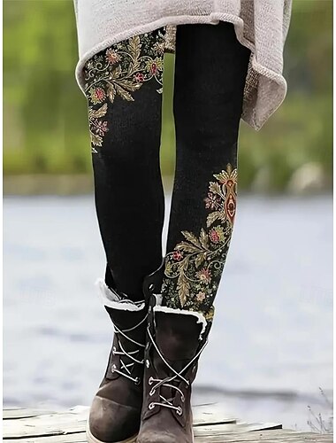  Kvinnors leggings byxor Blommönster grafisk tryck mikroelastisk helg svart höst vinter vanlig passform