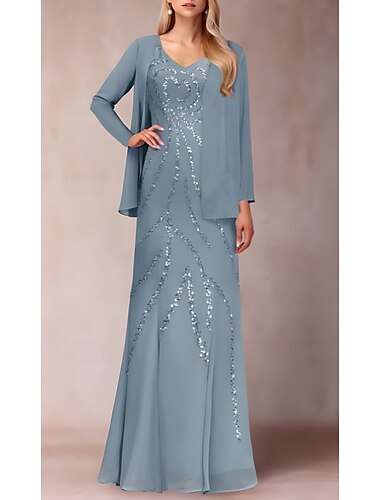  Zwei stück mantel/spalte kleid anzug mutter der braut kleid elegante funkeln&amp;Glanz V-Ausschnitt Bodenlang Chiffon Pailletten Kurzarm mit Pailletten 2025