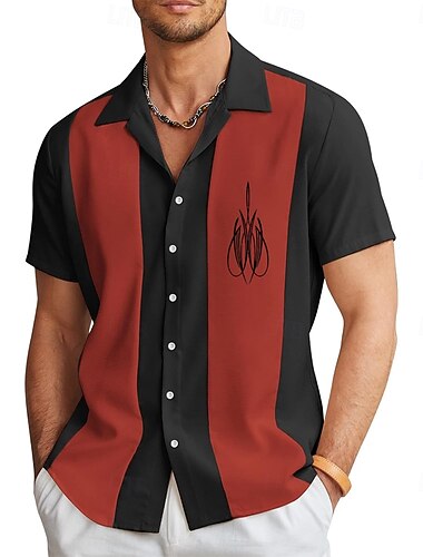  Miesten Kurvi Liituraita Keilailupaita Button Up paita Lyhythihainen Vapaa-aika Loma Urheilu Kesä Kevät Kuubalainen kaulus Painike ylös Rubiini