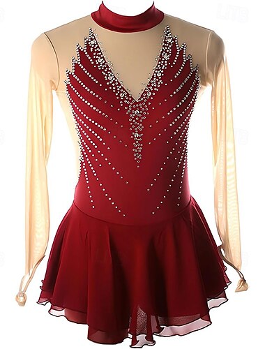  Eiskunstlaufkleid Damen Mädchen Eislaufen Kleid Schwarz Rot Burgund Patchwork Asymmetrischer Saum Netzstoff Hohe Elastizität Training Wettbewerb Eiskunstlaufkleidung Klassisch Kristall / Strass