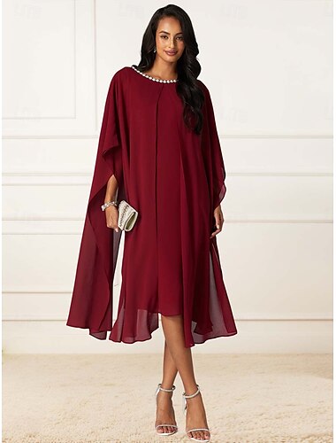  Damen Ballkleid Perlen Drapiert Halbe Ärmel Cocktailparty Rote