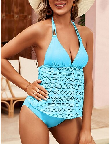  Damen Badeanzug Tankini 2 Stück Unterhosen Bademode Rückenfrei Hohe Taillenlinie Ausgeschnitten Urlaub Strandbekleidung Feste Farbe V Ausschnitt Ärmellos Badeanzüge