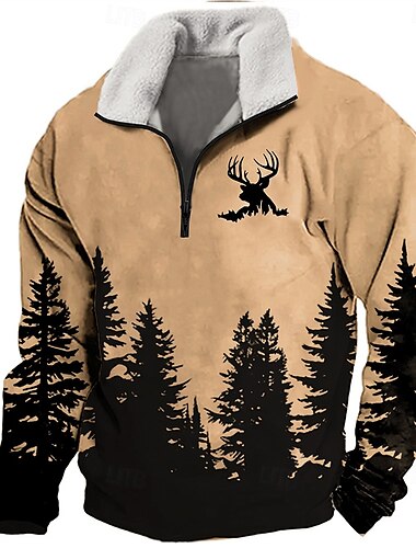 Men's Forest Deer Sweatshirt Quarter Zip Sweatshirt Long Sleeve Sweatshirt Stand Collar Quarter Zip Casual Vintage Retro 3D Print Vacation Going out Streetwear Half Zip Fall Winter