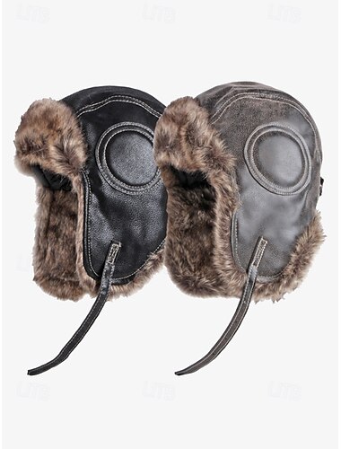  chapéu de inverno aviador de couro sintético masculino com forro de pele sintética e protetores de orelha - chapéu de caçador quente e estiloso para clima frio